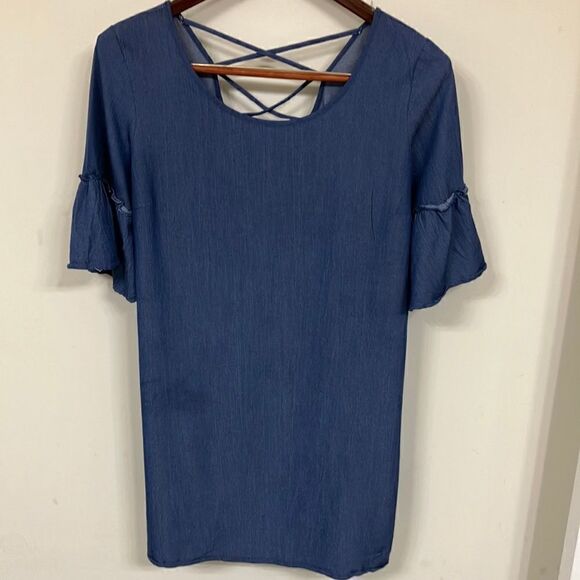 NAÏF PL Denim 3/4 Flouncy Bell Sleeve Crisscross Stretchy Dress - Picture 1 of 11